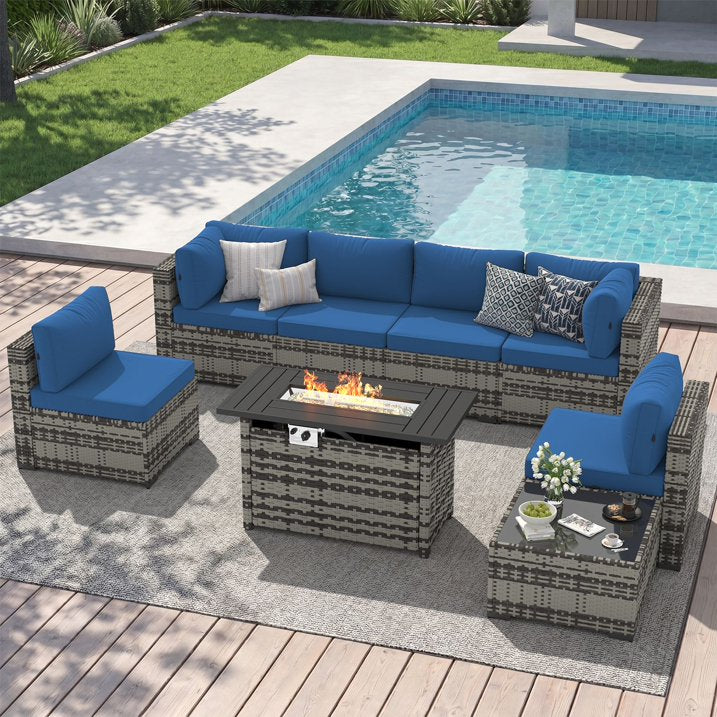 Sunmthink 8-Piece Outdoor Patio Furniture, Patio Furniture Sets with Fire Pit, Wicker Outdoor Conversation Set and Waterproof Cover