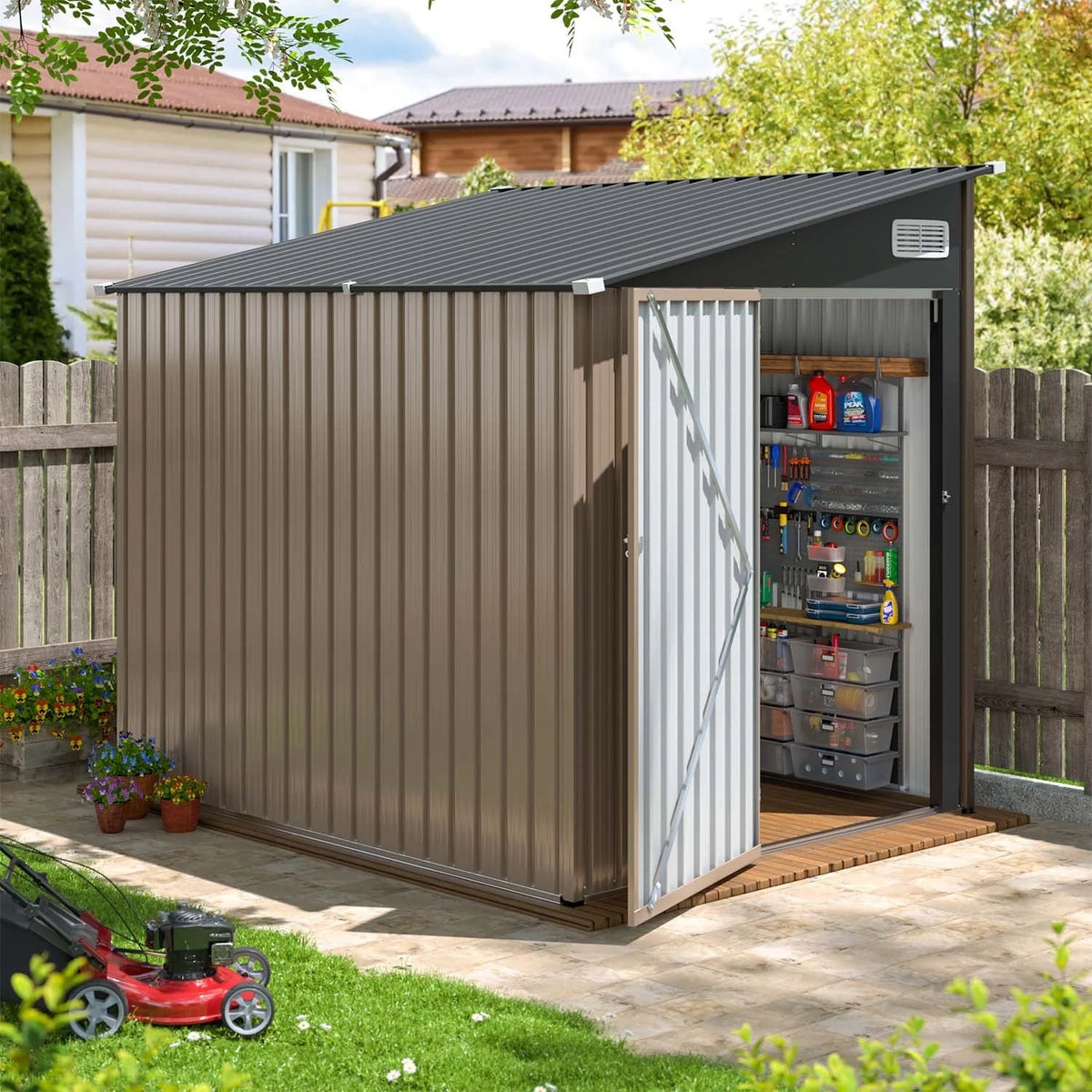 Clouddwell 7.5 x 6 Ft. Outdoor Metal Storage Shed, Lockable Lean-To Galvanized Steel Utility Shed with Slanted Roof, Brown