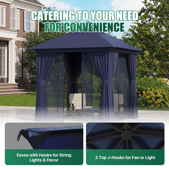 Clouddwell 8'x 8' Patio Gazebo Double Roof Protection All-Weather Outdoor Shelter Features Insect Screens & Privacy Curtains Ideal for Backyard, Lawn, (Blue)