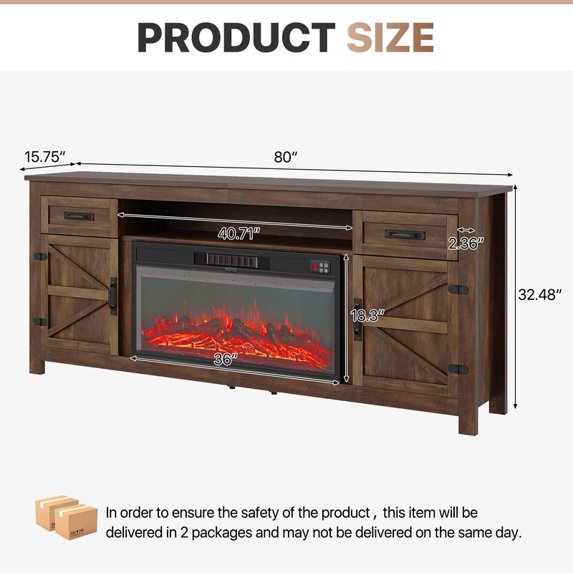 Sonegra 80" Fireplace TV Stand, Entertainment Center for TVs Up to 90”, TV Console with Storage Cabinets, Media Console for Living Room, White TV Stand and Black Fireplace, Brown