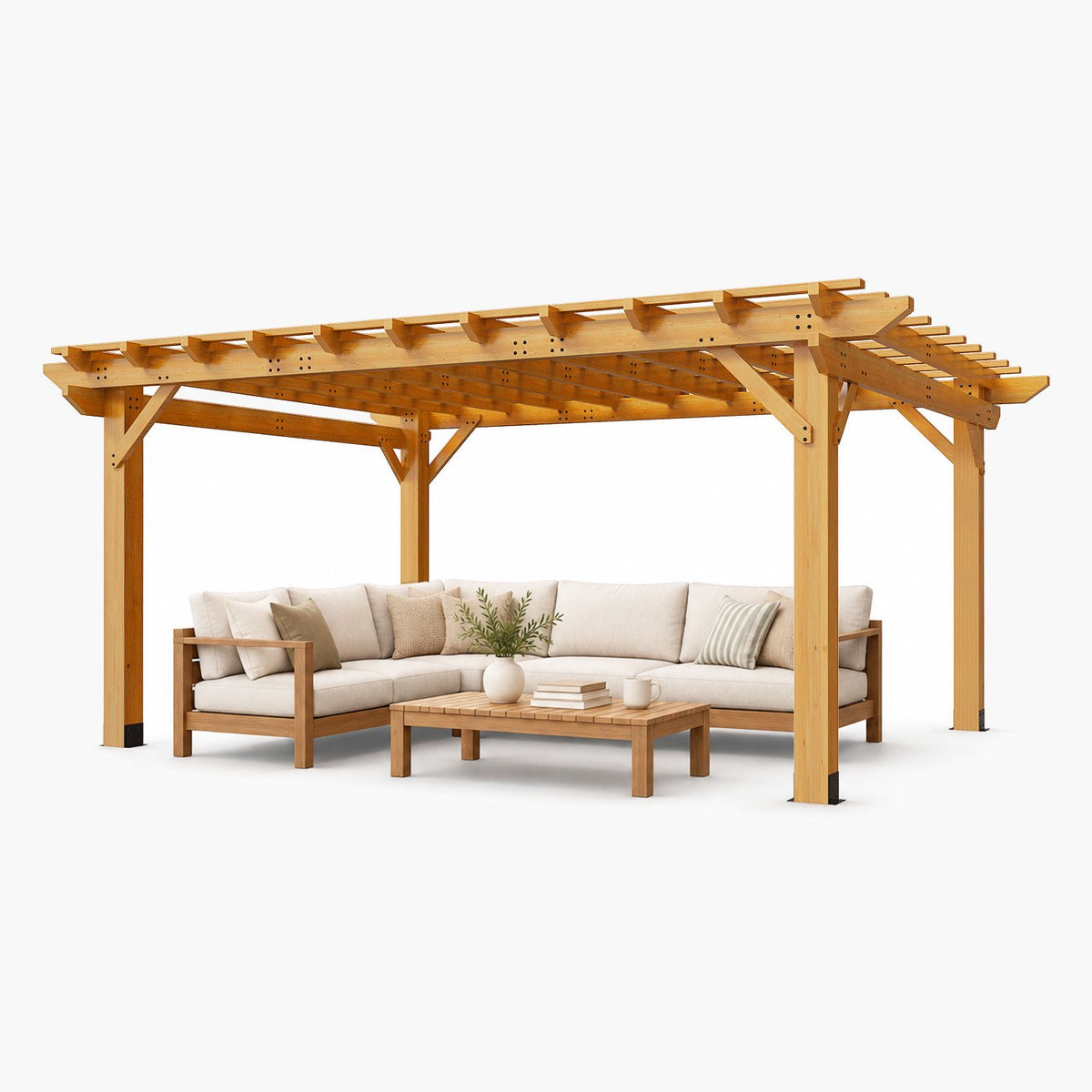 Sunmthink 12' x 16' Solid Cedar Outdoor Pergola, Tiered Lattice Canopy, Wind-Resistant up to 100 MPH, Natural Wood Finish for Patio, Deck, Lawn & Garden