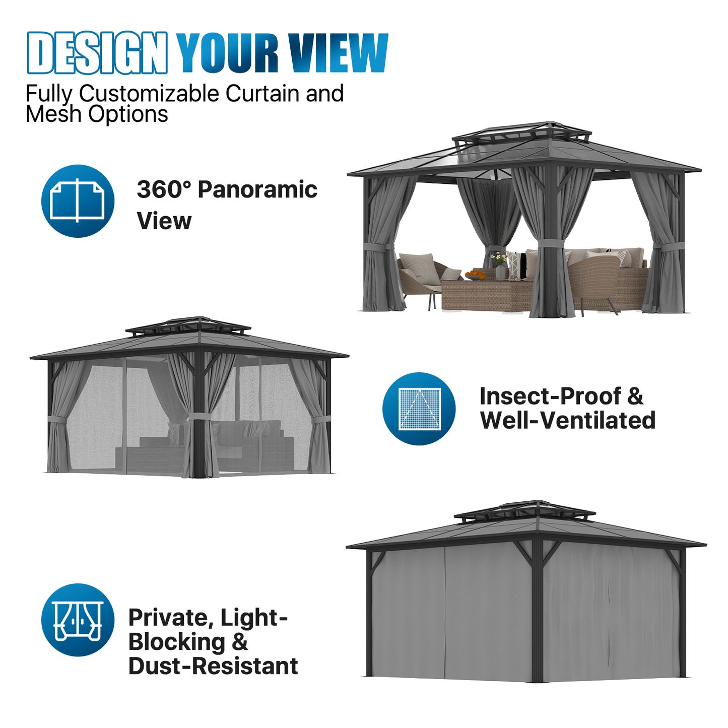 Sunmthink 12' x 14' Hardtop Gazebo,Polycarbonate Double Roof,Aluminum Frame with Curtains and Netting for Patio,Garden,Gray