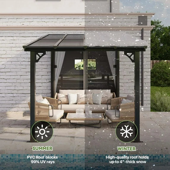 Clouddwell 8'x 10' Wall-Mounted Gazebo Pergola with Aluminum Top Frame & Polycarbonate Panel, Large Heavy-Duty Awnings for Backyard Gray