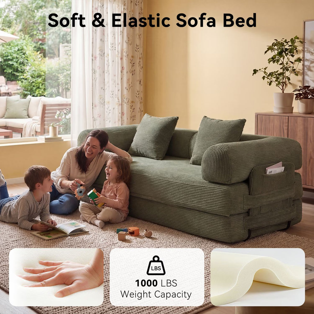 LazySunsets Sofa Bed Convertible Boneless Couch Corduroy Modular Couch Bed with Fixed-Shape Frame & Removable Armrests for Living Room, Bedroom Green