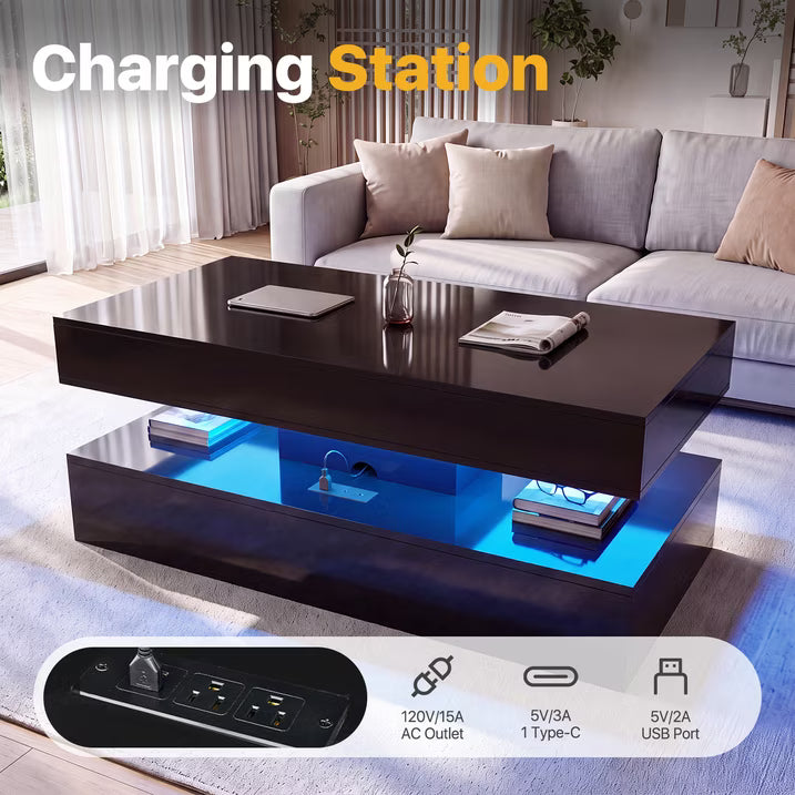 Sonegra 47" High-Glossy LED Lift Top Coffee Table with 2 Sliding Drawers, Large Open Storage Space & Ambient LED Lighting, Modern Double-Layer Livingroom Table, Black