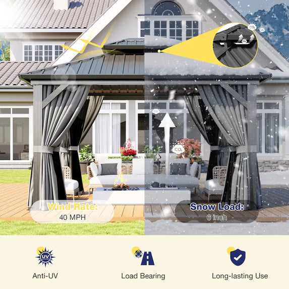 Dateyes 10x12 FT Outdoor Hardtop Gazebo, Aluminum Frame Gazebo with Removable Mesh Walls and Curtains for Patio, Lawns, Gray