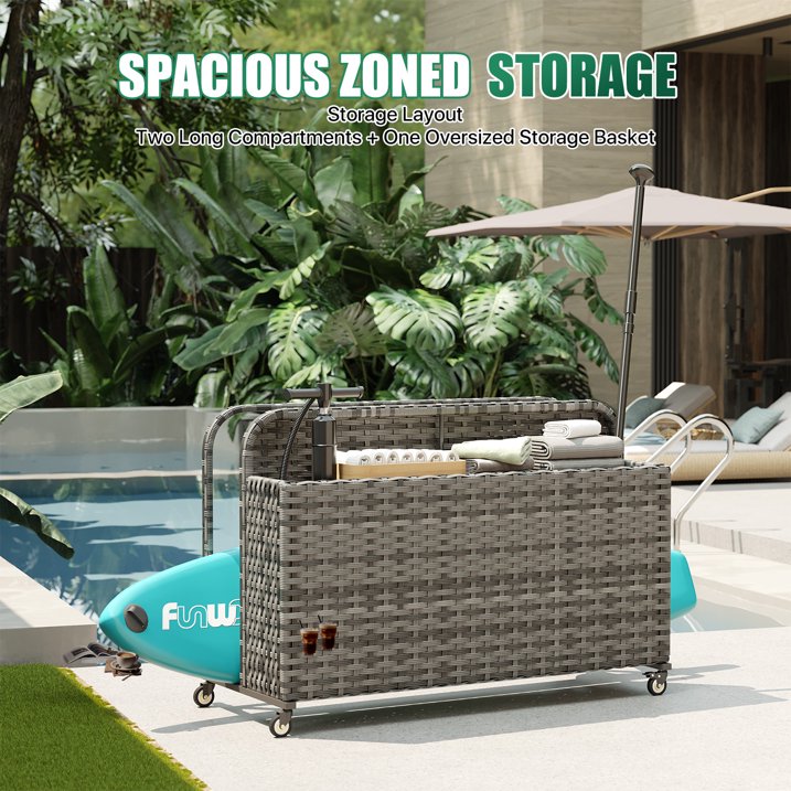 Clouddwell 2-Layer Outdoor PE Wicker Rattan Patio & Poolside Storage Basket with Rolling Wheels, Gray