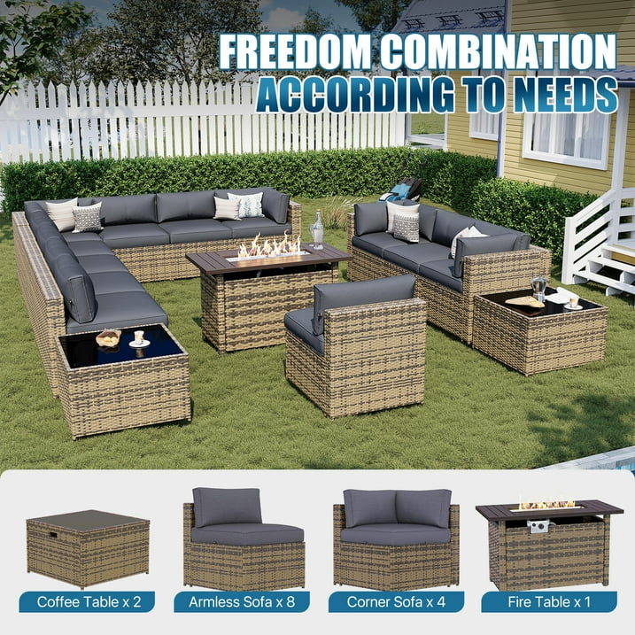 Sunmthink Patio Furniture Sets, 15-Piece Outdoor Patio Furniture with 44'' Propane Gas Firepit Table, Wicker Outdoor Conversation Set and Waterproof Cover for Backyard, Poolside, Garden