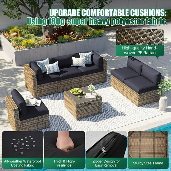 Clouddwell 7 Piece Patio Furniture Set Wicker Rattan Patio Conversation Set Outdoor Sectional Sofa Set with Coffee Table and Black Cushions(Waterproof Cover Included)