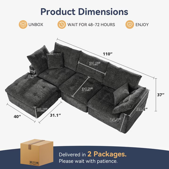 Sonegra 112" Oversized Modular Sectional L Shaped Sofa, Wide & Deep Seat Boneless Cloud Couch With Multi-Purpose Round Pillow, No Assembly (Grey)