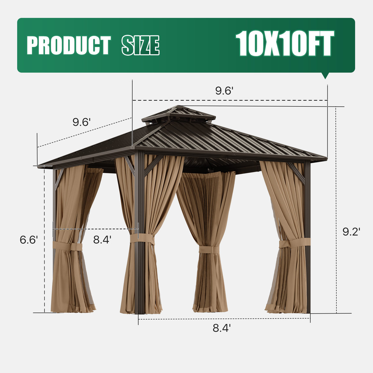 Dateyes 10x10 FT Outdoor Hardtop Gazebo, Aluminum Frame Gazebo with Removable Mesh Walls and Curtains for Patio, Lawns, Brown