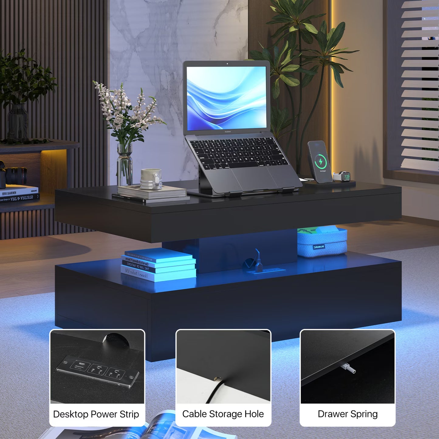 Sonegra 39" High-Glossy LED Coffee Table, Storage Coffee Table with 2 Sliding Drawers for Living Room, Modern Stylish Double-Layer Center Tables with LED Lights, Black