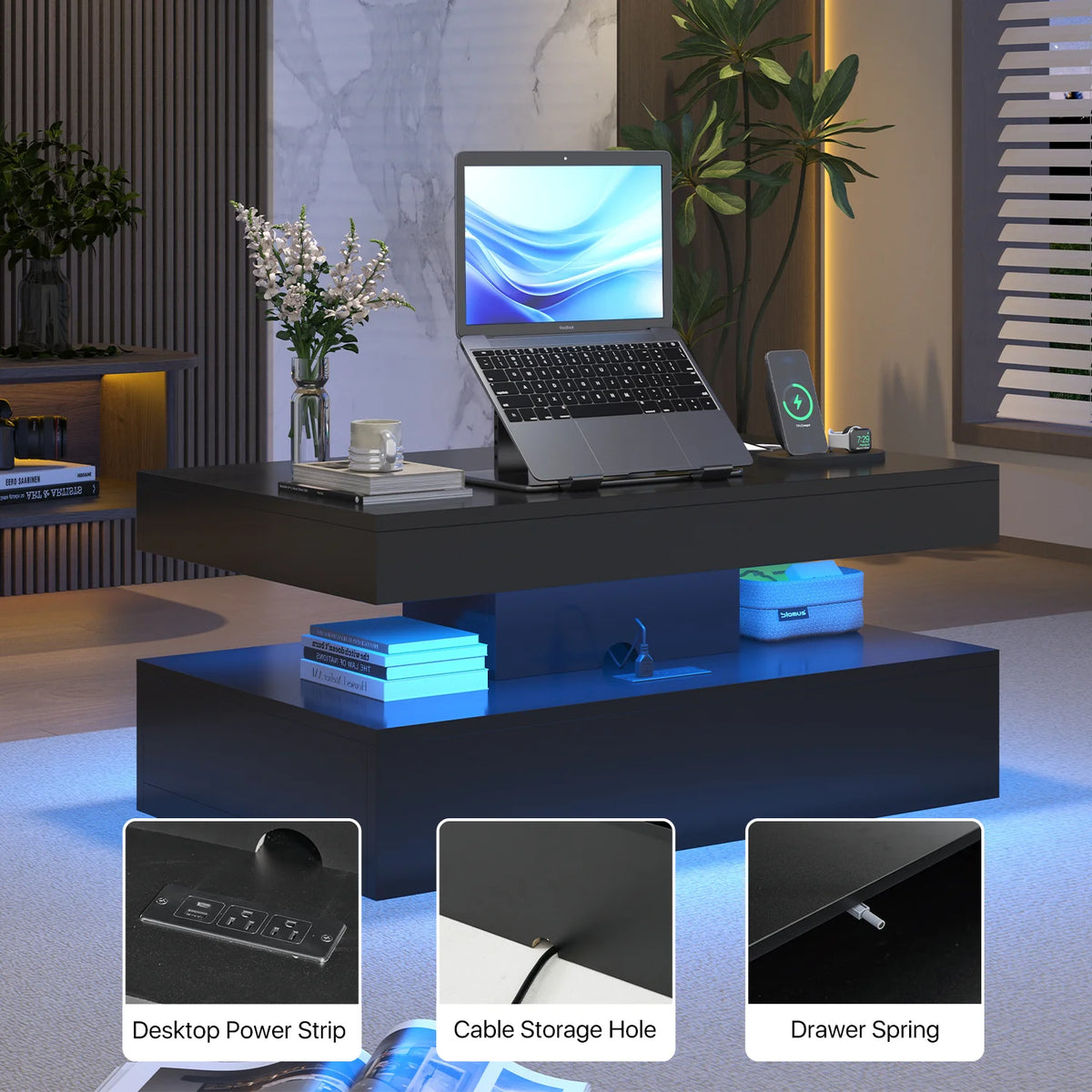 Sonegra 39" High-Glossy LED Coffee Table, Storage Coffee Table with 2 Sliding Drawers for Living Room, Modern Stylish Double-Layer Center Tables with LED Lights, Black
