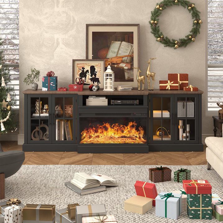 Sonegra 98" Farmhouse TV Stand with Fireplace for TVs up to 100", Media Entertainment Center with Adjustable Shelves and Large Storage Cabinets, for Living Room, Black