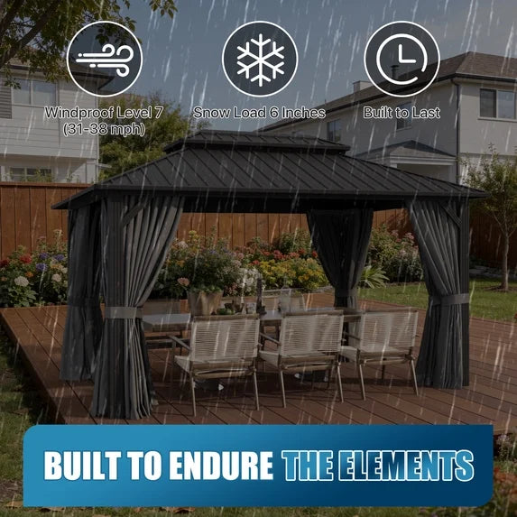 Sunmthink 10' x 14' Hardtop Gazebo with Mosquite Netting, Double Metal Roof for Lawn and Garden, Gray