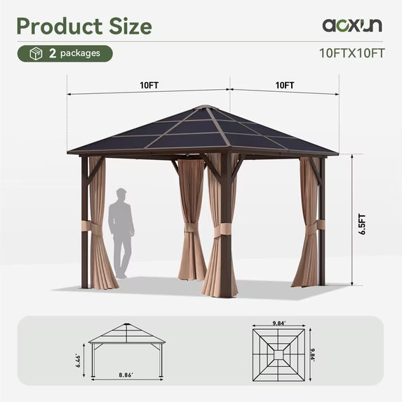 Aoxun 10 ft. x 10 ft. Hardtop Gazebo, Outdoor Aluminum Frame Permanent Pavilion with Curtains and Netting, Brown