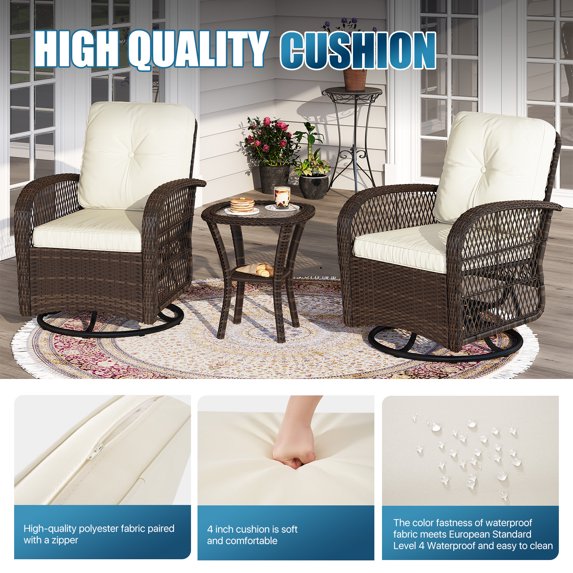 Sunmthink 3-Piece Patio Furniture Set with Swivel Rocking Chairs and Side Table, Thickened Cushions Outdoor Wicker Bistro for Porch Deck Backyard (White)