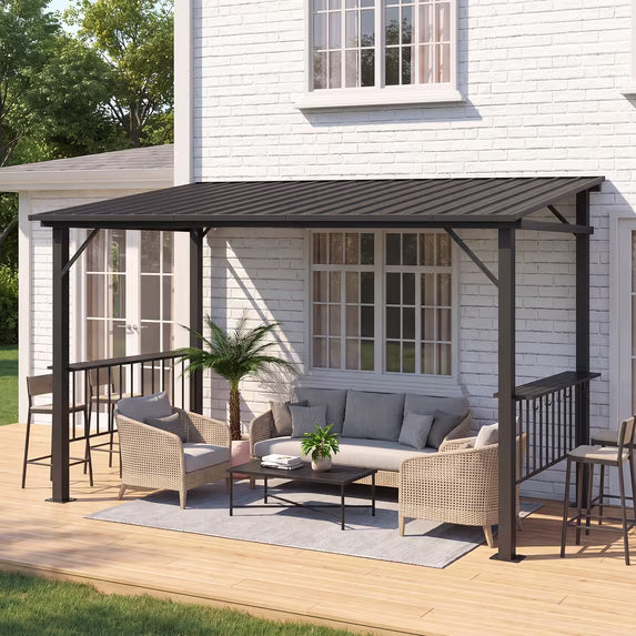 Clouddwell 12'x6' Permanent Metal Gazebo,Outdoor BBQ Canopy with Sloping Steel Roof, Grill Shelter with 2 Side Shelves and Hooks for Patio, Backyard, Deck