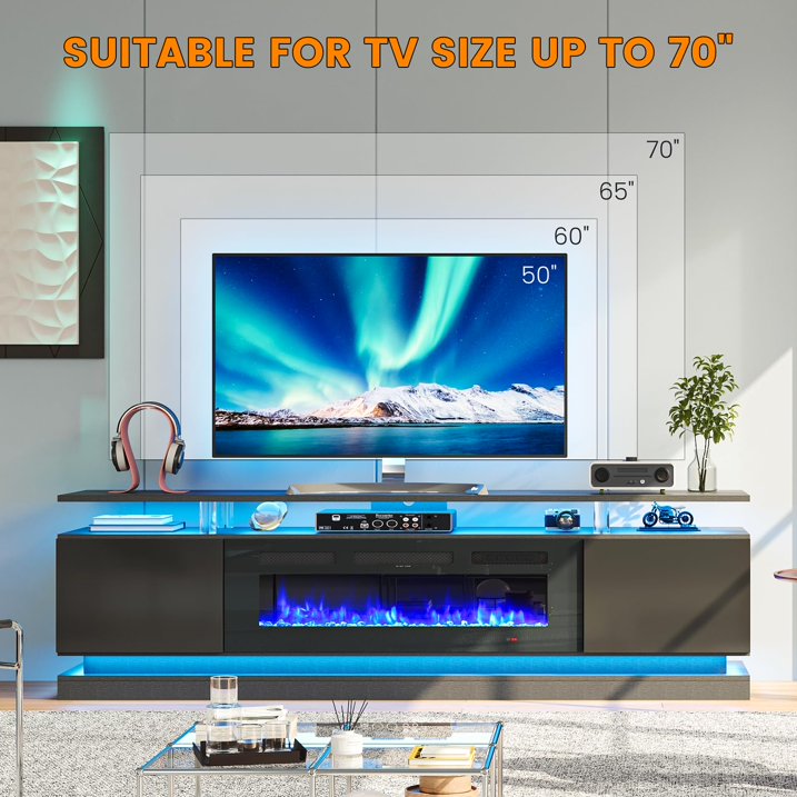 Sunmthink 70" Fireplace TV Stand, Modern Entertainment Center for TVs Up to 80”, TV Console with Storage Cabinets, Media Console for Living Room, Black