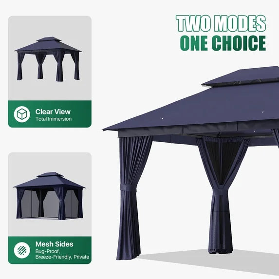 Clouddwell 10'x 12' Patio Gazebo Double Roof Protection All-Weather Outdoor Shelter Features Insect Screens & Privacy Curtains Ideal for Backyard, Lawn, (Blue)