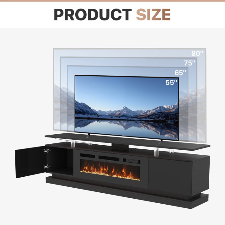 Sonegra Modern Fireplace TV Stand for TVs Up to 80" with Music Sync LED, 70" Entertainment Center with Electric Fireplace, TV Console with Storage Cabinets for Living Room, Black