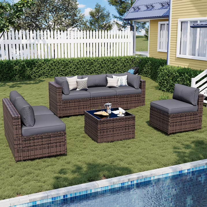 Sunmthink 7-Piece Wicker Patio Furniture Sets, Outdoor Conversation Set with 4 Inches Thick Cushions and Waterproof Cover