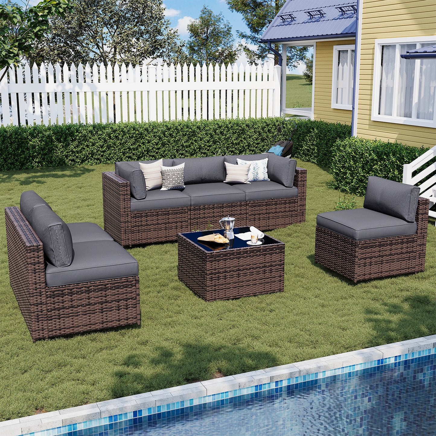 Sunmthink Patio Furniture Sets, 7-Piece Outdoor Patio Furniture with Thick Cushions, Wicker Outdoor Conversation Set and Waterproof Cover for Backyard, Poolside, Garden