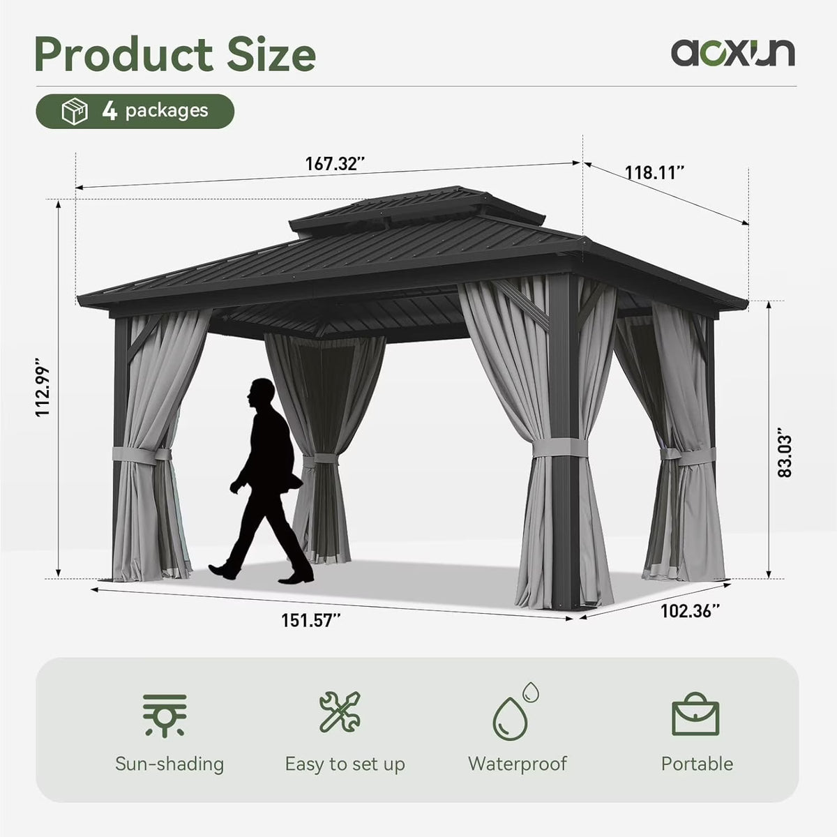 Aoxun 10'x14' Hardtop Gazebo, Aluminum Frame Canopy with Double Galvanized Steel Roof, Outdoor Metal Pavilion with Netting, Curtains for Backyard, Patio and Deck