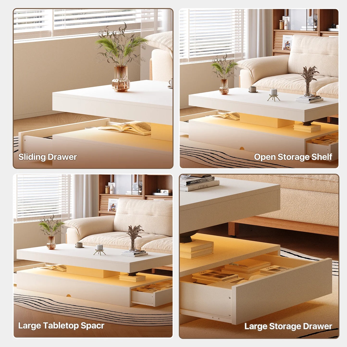 Sonegra 47" High-Glossy LED Coffee Table, Storage Coffee Table with 2 Sliding Drawers for Living Room, Modern Stylish Double-Layer Center Tables with LED Lights, White