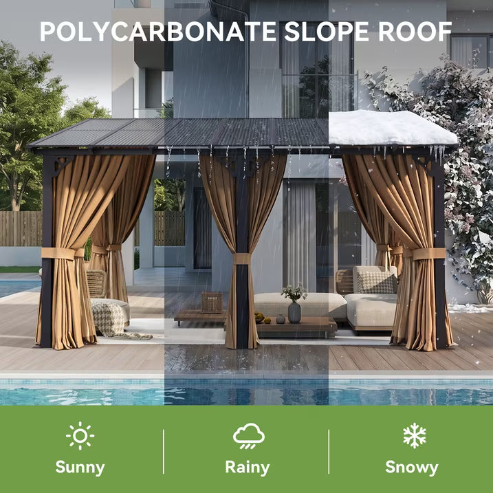 Dateyes 14‘x10’ Wall-Mounted Patio Gazebo with Durable Polycarbonate Roof, Full Bug Screens & Privacy Panels