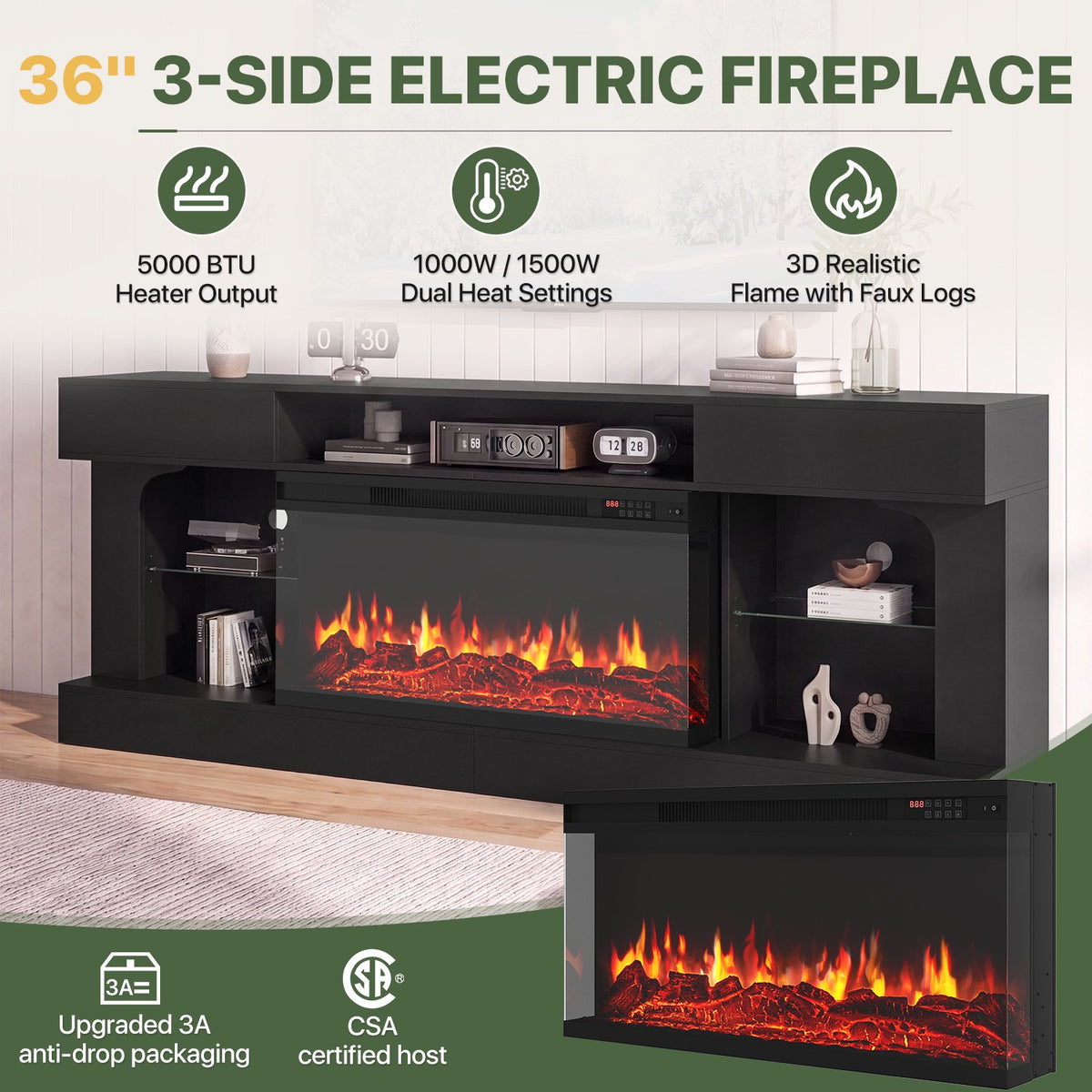 Sonegra 80 Inch Fireplace TV Stand, 3‑Sided Glass Electric Fireplace Media Console Fits Up to 90" TV, Entertainment Center with Shelves & Spacious Storage, LED Flame TV Cabinet for Living Room, Black