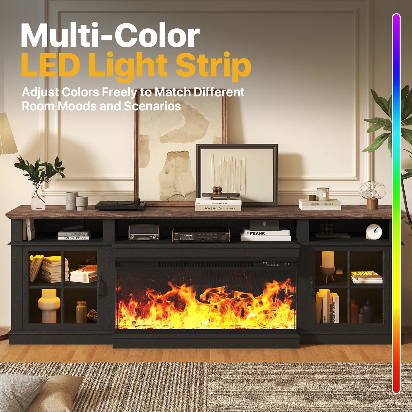 Sonegra 80 inch Fireplace TV Stand for TVs up to 90" with Electric Fireplace, Farmhouse Entertainment Center with LED Lights and Glass Door, Modern TV Consoles for Living Room, Black