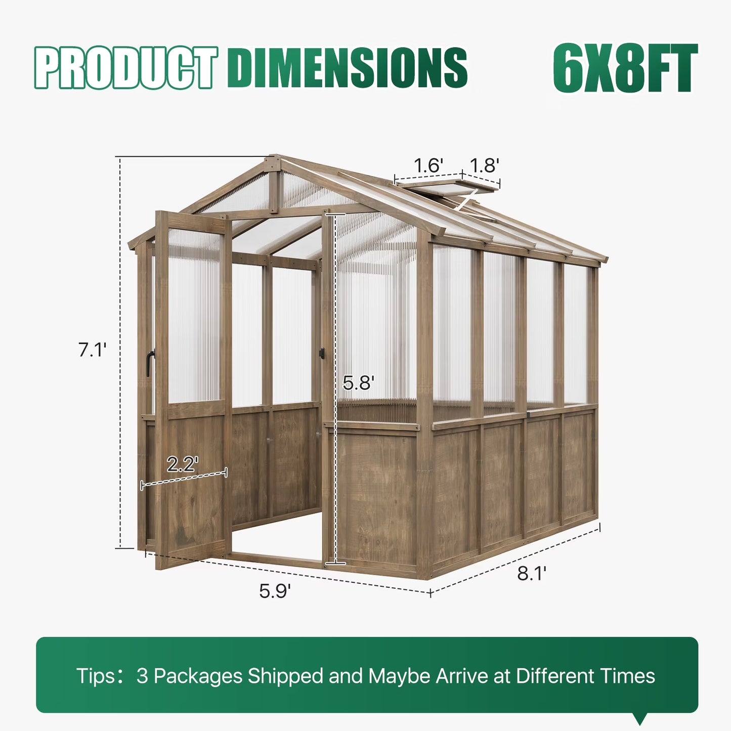 Clouddwell 6x8 FT Wooden Greenhouse, Polycarbonate Panels with Automatic Roof Vent & Lockable Door, Outdoor Walk-in Garden Greenhouse, Gray