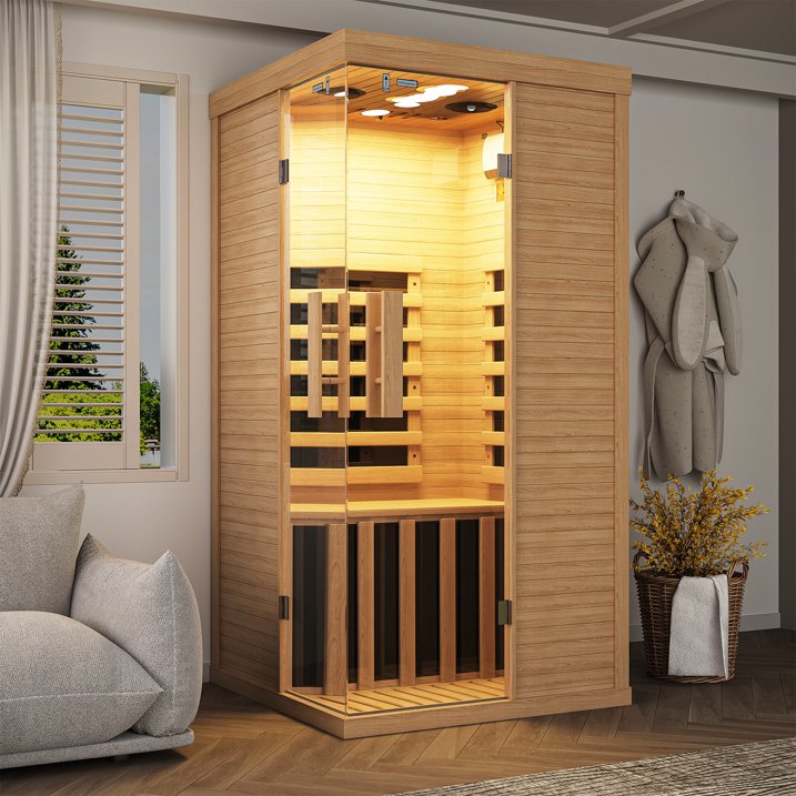 Sunmthink Full Spectrum Infrared Sauna ， 2-Person Home Sauna 850W Hemlock Wood Spa with Resonance Speaker & Tempered Glass
