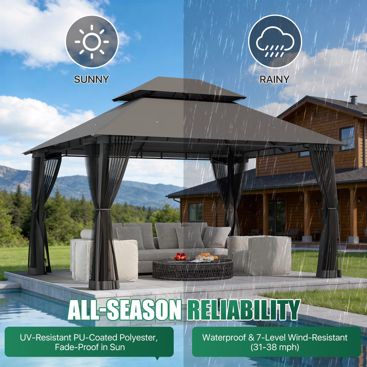 LazySunsets 12'x 10' Patio Gazebo Double Roof Protection All-Weather Outdoor Shelter Features Insect Screens for Backyard, Lawn, (Gray)