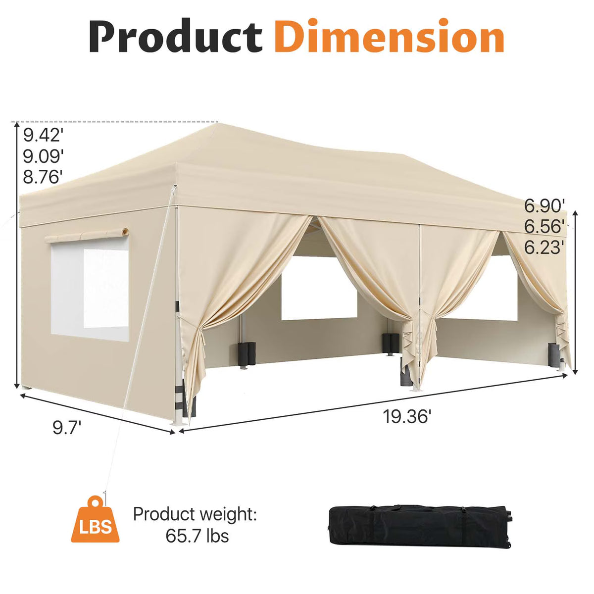Dateyes 10x20 FT Pop Up Canopy with Mesh Window Sidewalls, Portable Ez Setup Heavy Duty Canopy Tent with Sandbags, Instant Shelter for Outdoor Event, Party, Commercial, Beige