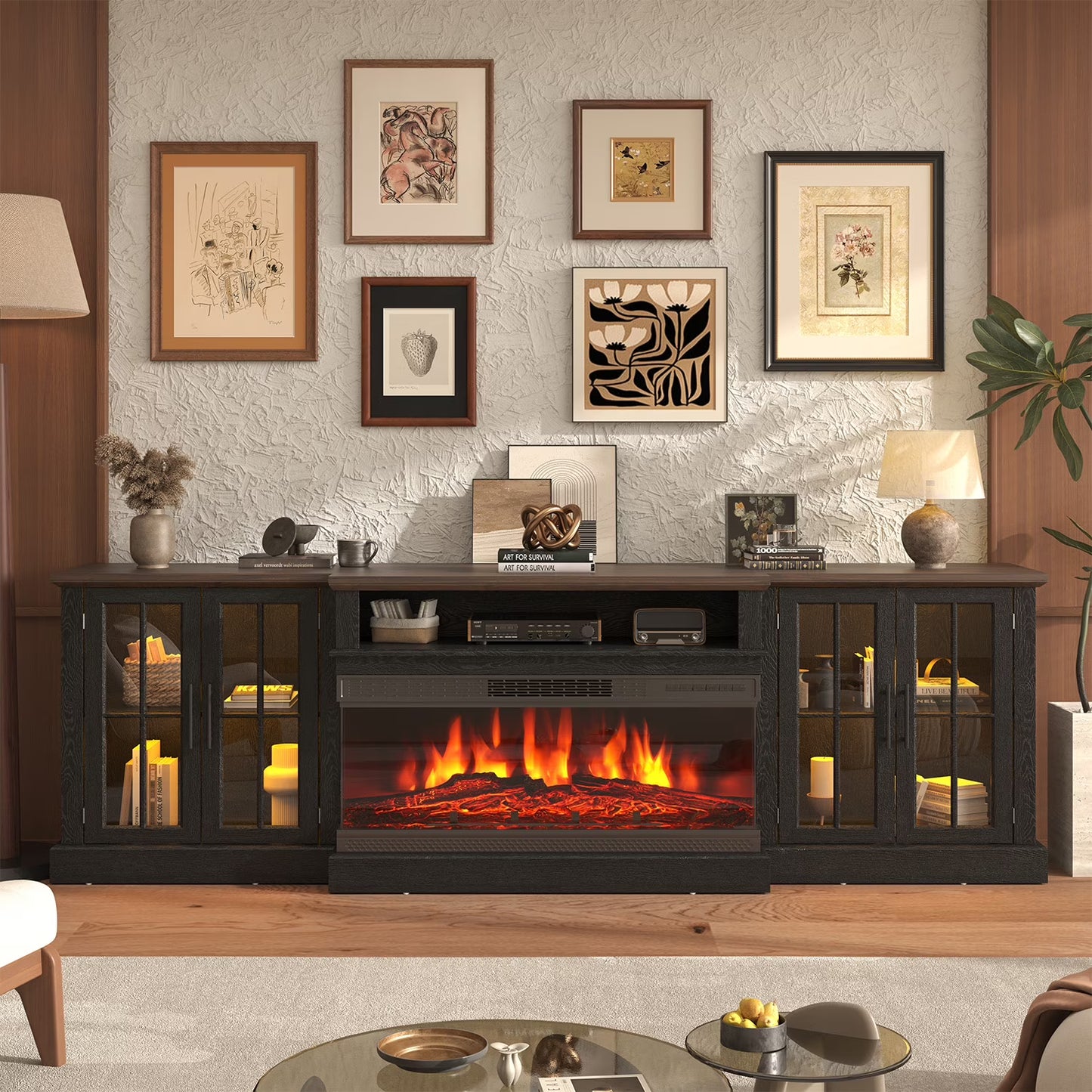 Sonegra 87" Farmhouse TV Stand with Fireplace for TVs up to 90", Media Entertainment Center with Adjustable Shelves and Large Storage Cabinets, for Living Room, Black