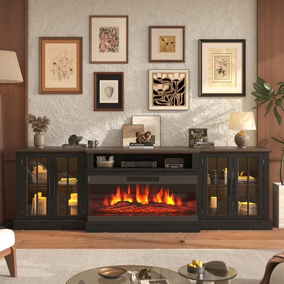 Sonegra 87" Farmhouse TV Stand with Fireplace for TVs up to 90", Media Entertainment Center with Adjustable Shelves and Large Storage Cabinets, for Living Room, Black