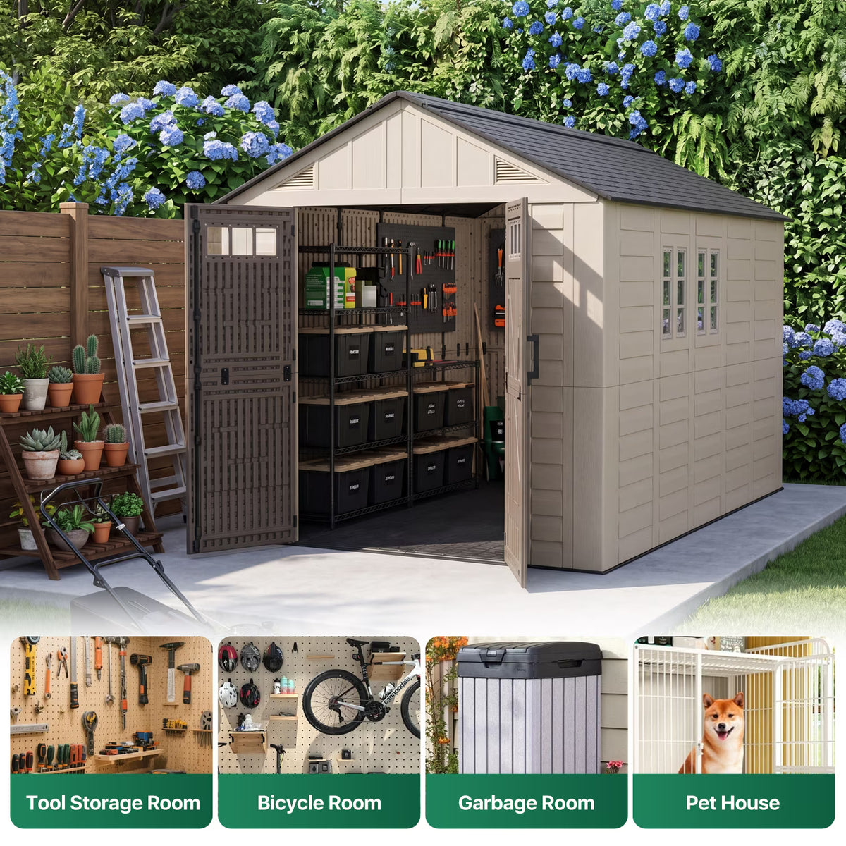 Clouddwell 8x12 FT Outdoor Storage Shed with Floor, HDPE Resin Garden Storage House with Double Doors, Windows & Ventilation, Heavy Duty Backyard Tool Shed for Lawn Equipment and Garden Supplies