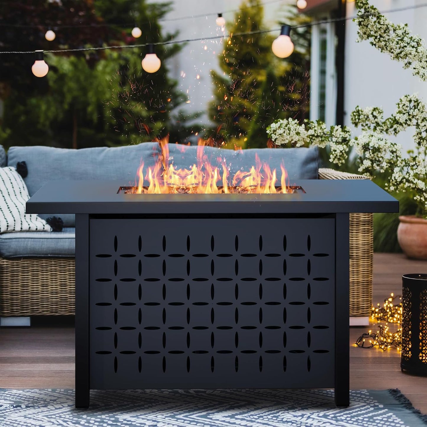 Clouddwell Outdoor 43" 50,000 BTU Propane Gas Fire Pit Table, Ceramic Tabletop and Rattan Weaved Iron Frame, Water-Proof Oxford Cover, Glass Wind Guard