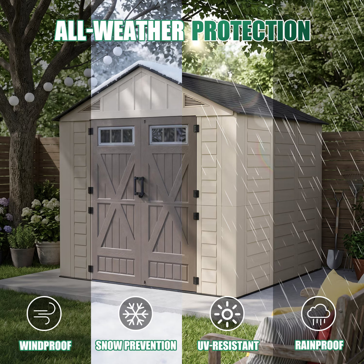 Clouddwell 8x8 FT Outdoor Storage Shed with Floor, HDPE Resin Garden Storage House with Double Doors, Windows & Ventilation, Heavy Duty Backyard Tool Shed for Lawn Equipment and Garden Supplies