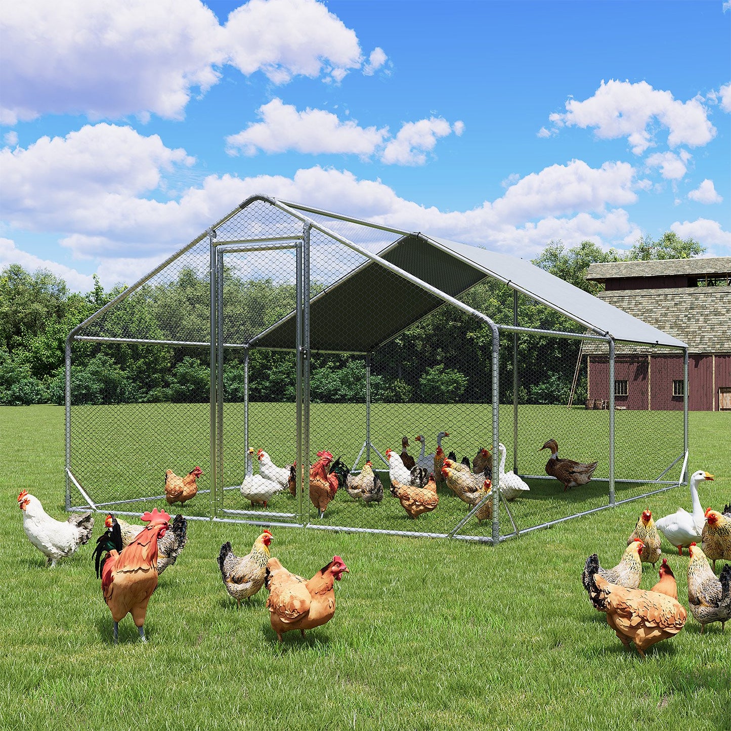 Sunmthink Heavy Duty Metal Chicken Coop Poultry Cage, Large Outdoor Yard Walk-in Enclosure with Waterproof Flat Roof Cover (9.8' L x 13.1' W x 6.4' H)