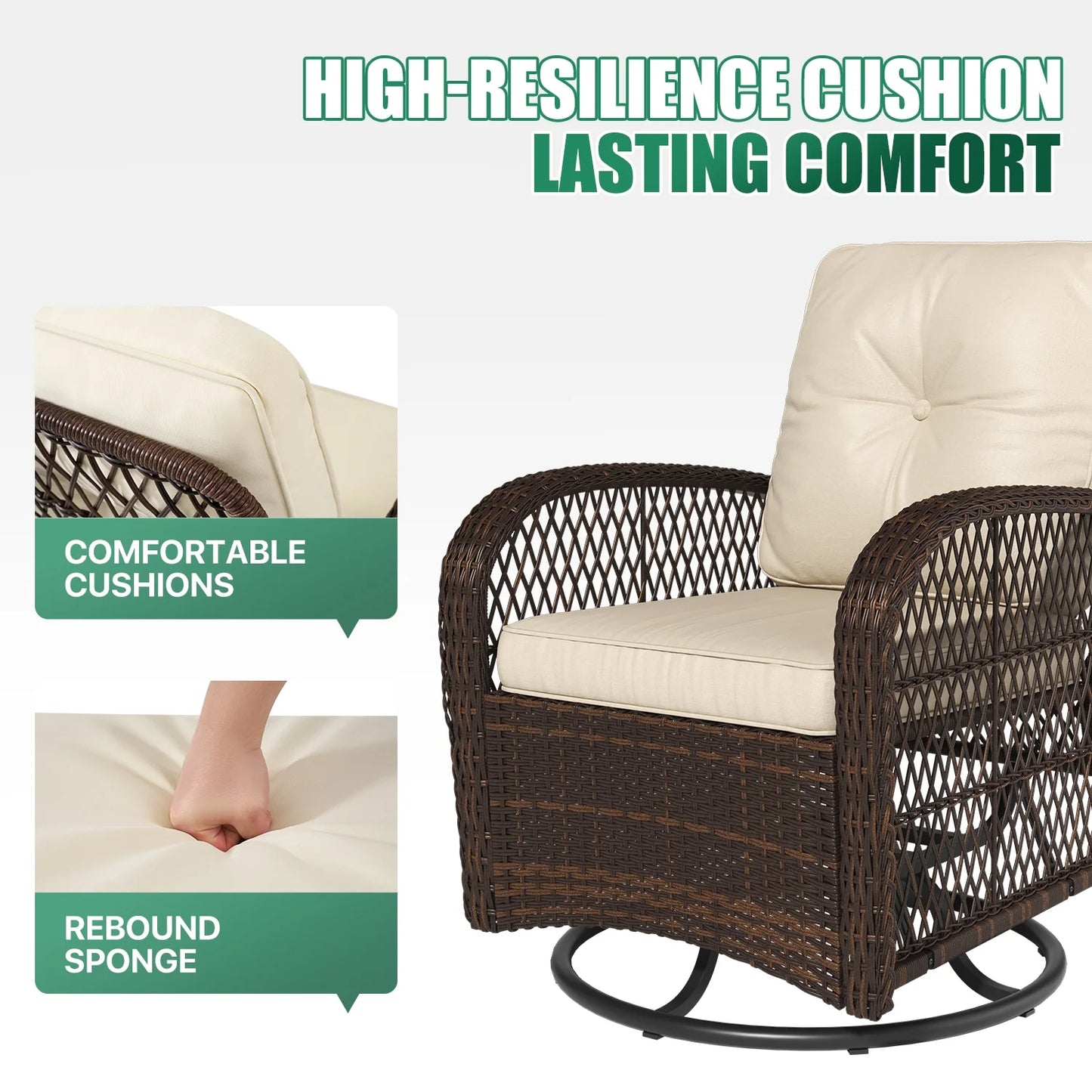 3 Piece Patio Swivel Rocker Wicker Rattan Patio Conversation Set Outdoor Sectional Sofa Set with Coffee Table and White Cushions