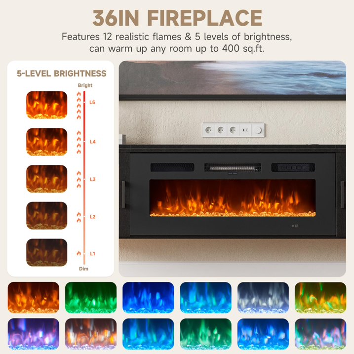 Sunmthink Floating TV Stand with 36" Electric Fireplace, High Gloss Finish Wall Mounted Fireplace Entertainment Center with Storage for TVs Up to 80", Black