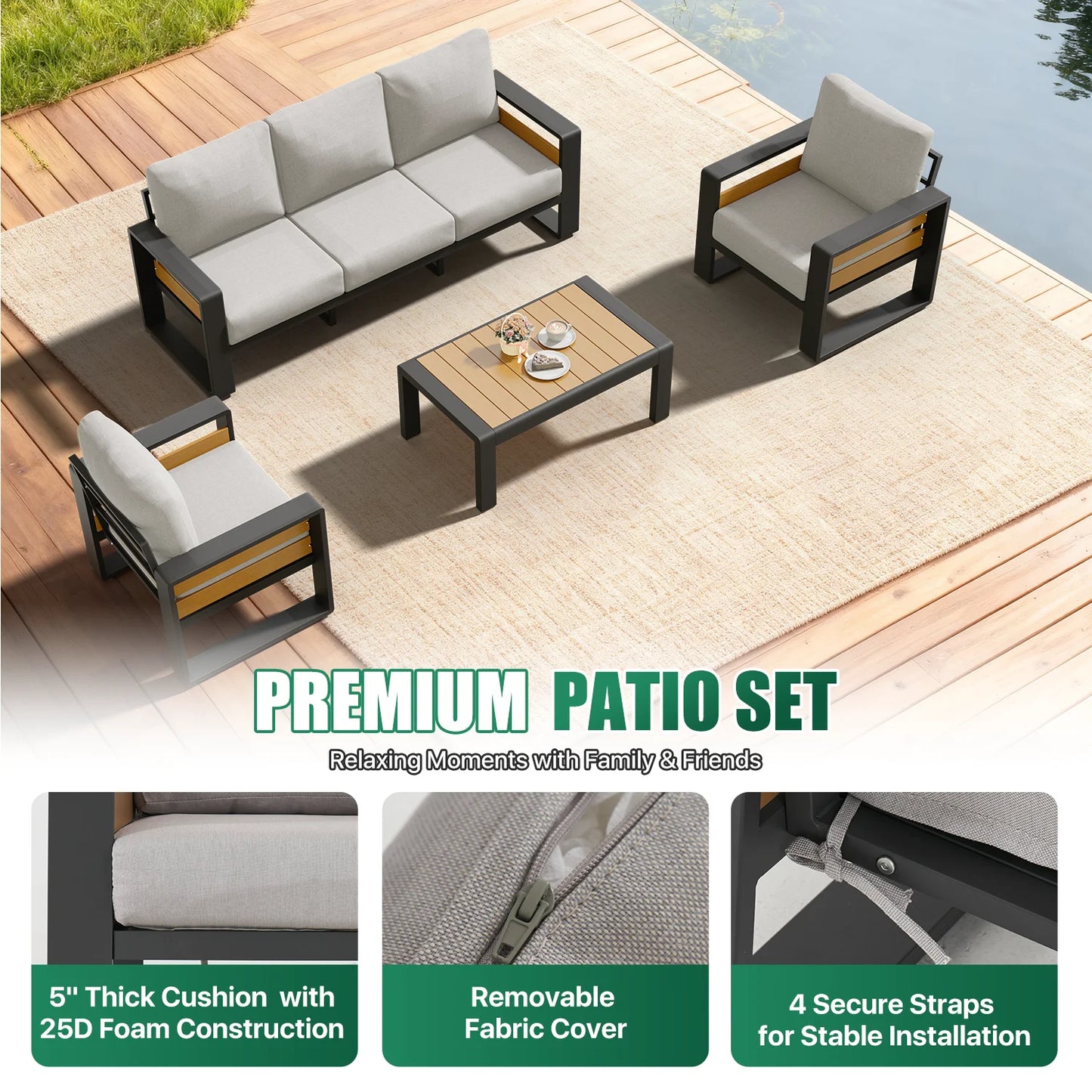 5-Seats Aluminum Patio Furniture Set, Outdoor Metal Sofa Conversation Set with Coffee Table for Pool Garden Porch Backyard, Light Gray