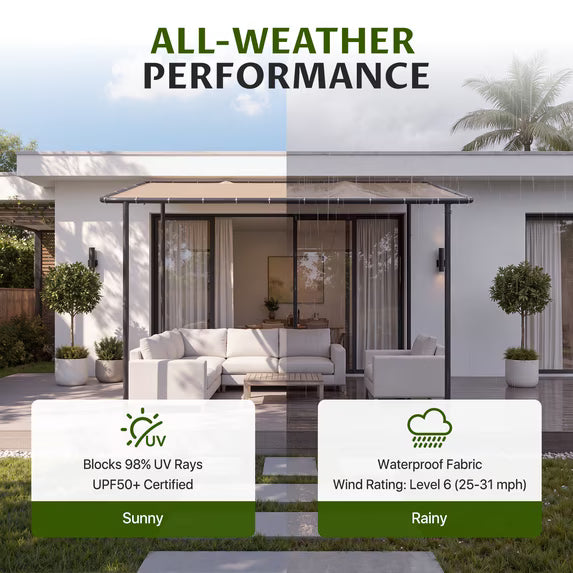 Dateyes 10'x10' Wall-Mounted Metal Gazebo , Water-Resistant Khaki Canopy with UV Protection for Patio & Garden