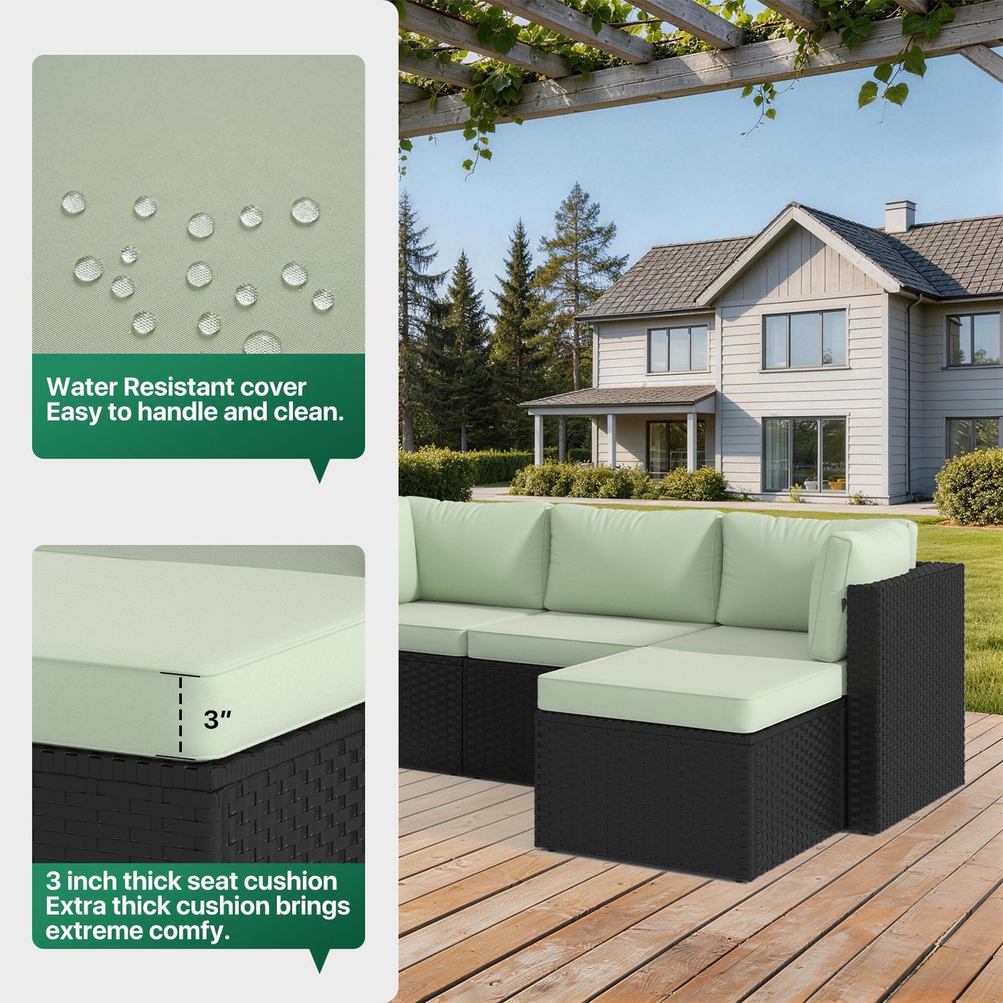 Clouddwell 3 Pieces Patio Furniture Set, All-Weather Wicker Rattan Patio Sectional Sofa Set with Coffee Table and Waterproof Cover(Light Green)