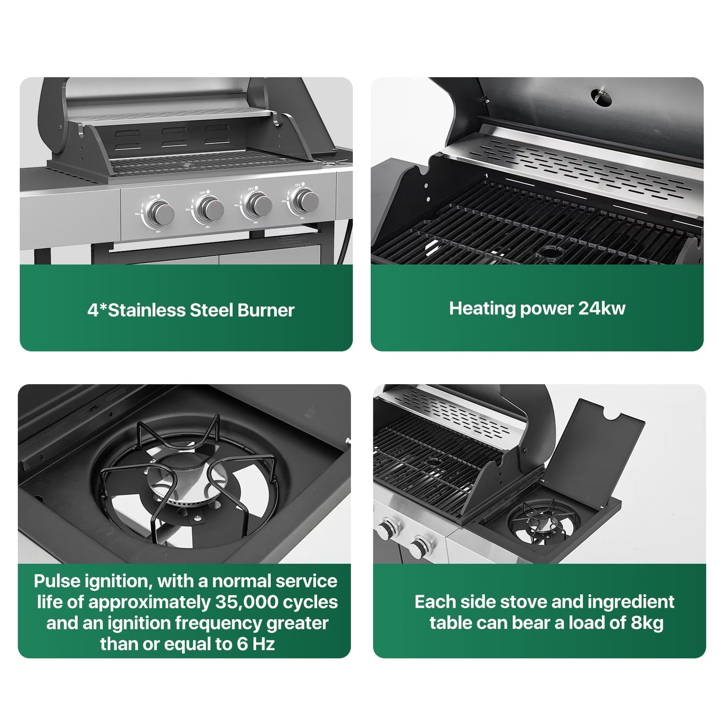 Clouddwell 4 Burner Gas Propane Grill, with 4 Casters, Side Table, and Thermometer, Patio Garden BBQ Grill Perfect for Camping, Silver