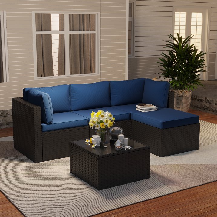 Dateyes 5 Pieces Patio Furniture Set, All-Weather Wicker Rattan Patio Sectional Sofa Set with Coffee Table and Waterproof Cover(Navy Blue)