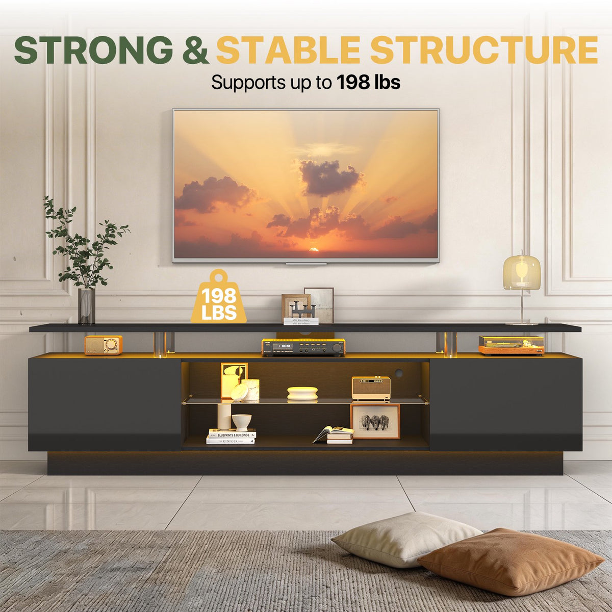 Sonegra 80" High-Gloss TV Stand with 2 Side Cabinets, Modern TV Console with LED Lights, Gaming Media Cabinet with Adjustable Glass Shelf, Remote & APP Control, Black